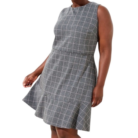 LOFT Plus Windowpane Plaid Sleeveless Ruffle Flouce Hem Shift Dress Academia 16 - Picture 1 of 11